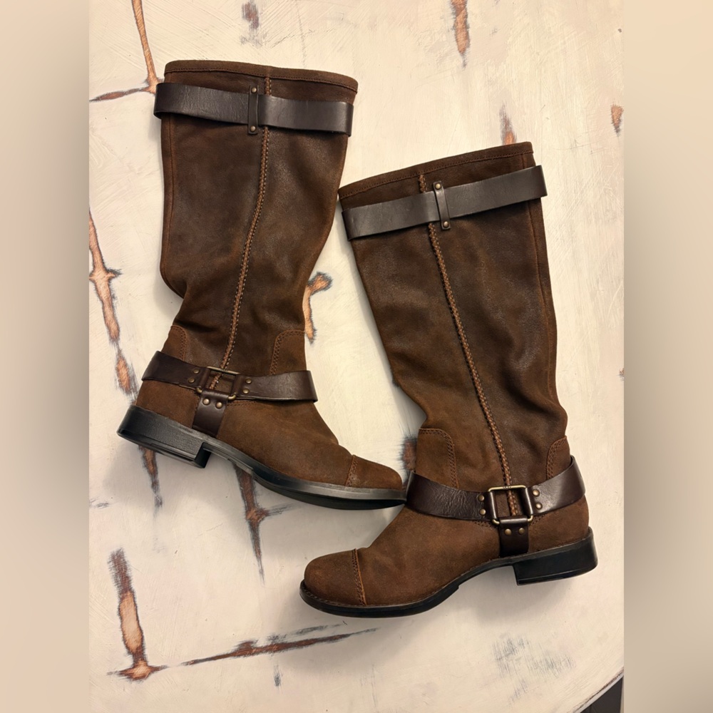 UGG Brown Heeled Boots with Buckle Detail
